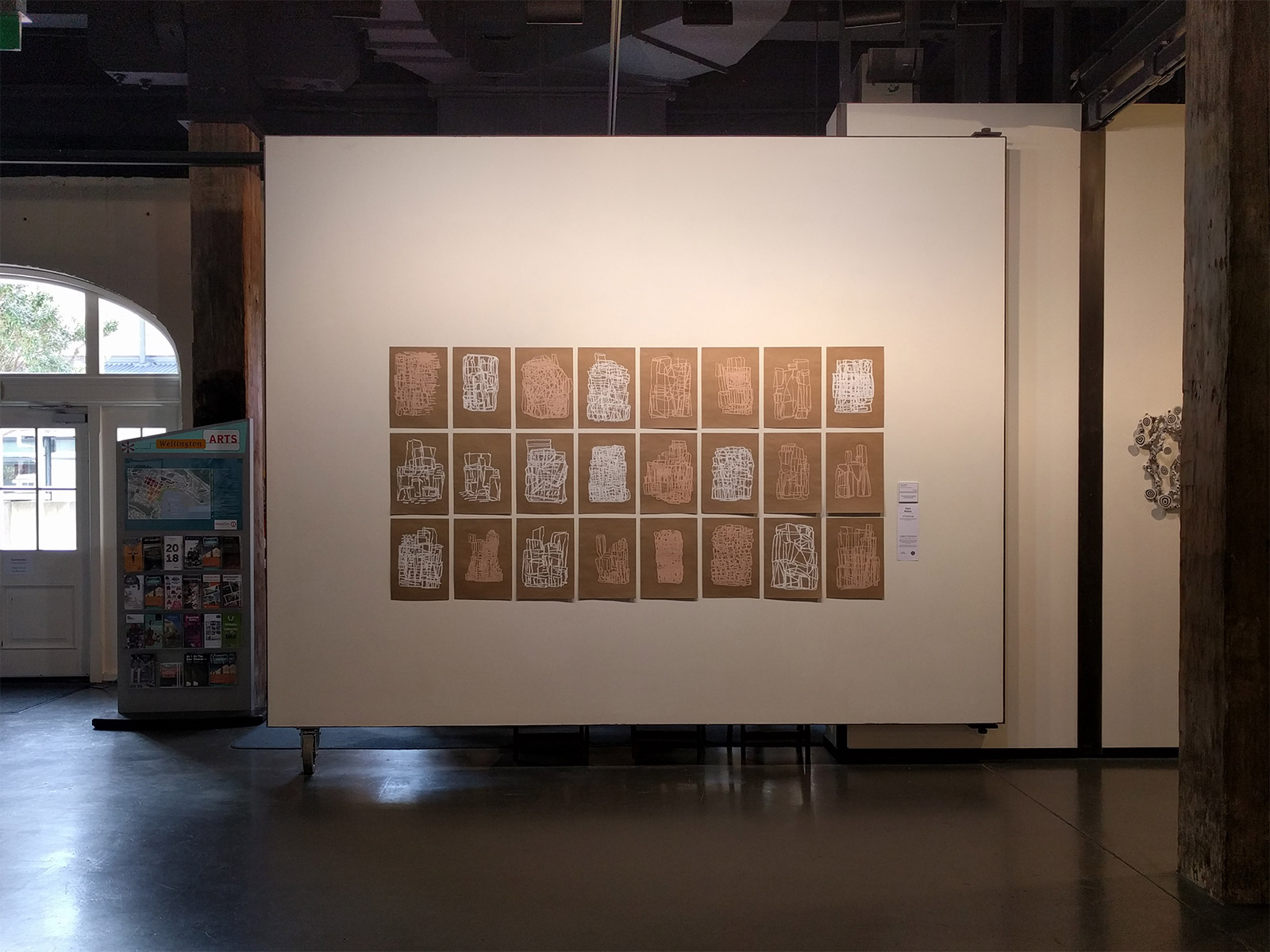 24 Drawings - pink and white oilstick on 24 sheets of A3 kraft paper - on display at the Parkin Drawing Prize