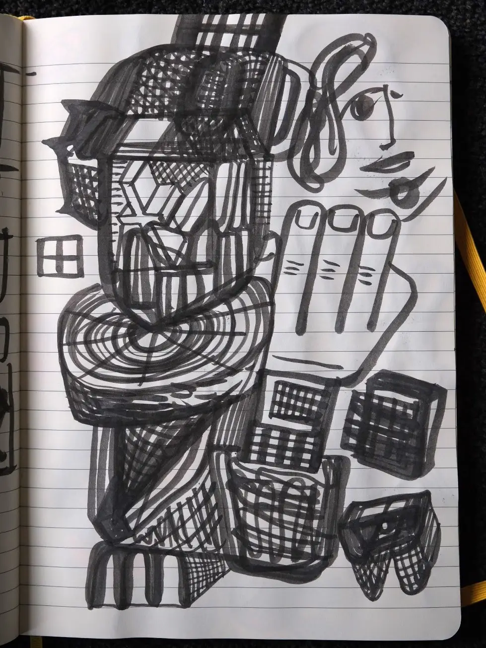 Single page ink drawing - hand, face, cross, and doodles.