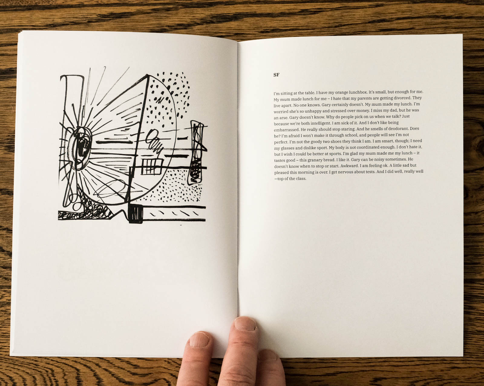 A spread from the zine Saturday Delivery. An image on the left and writing on the right.