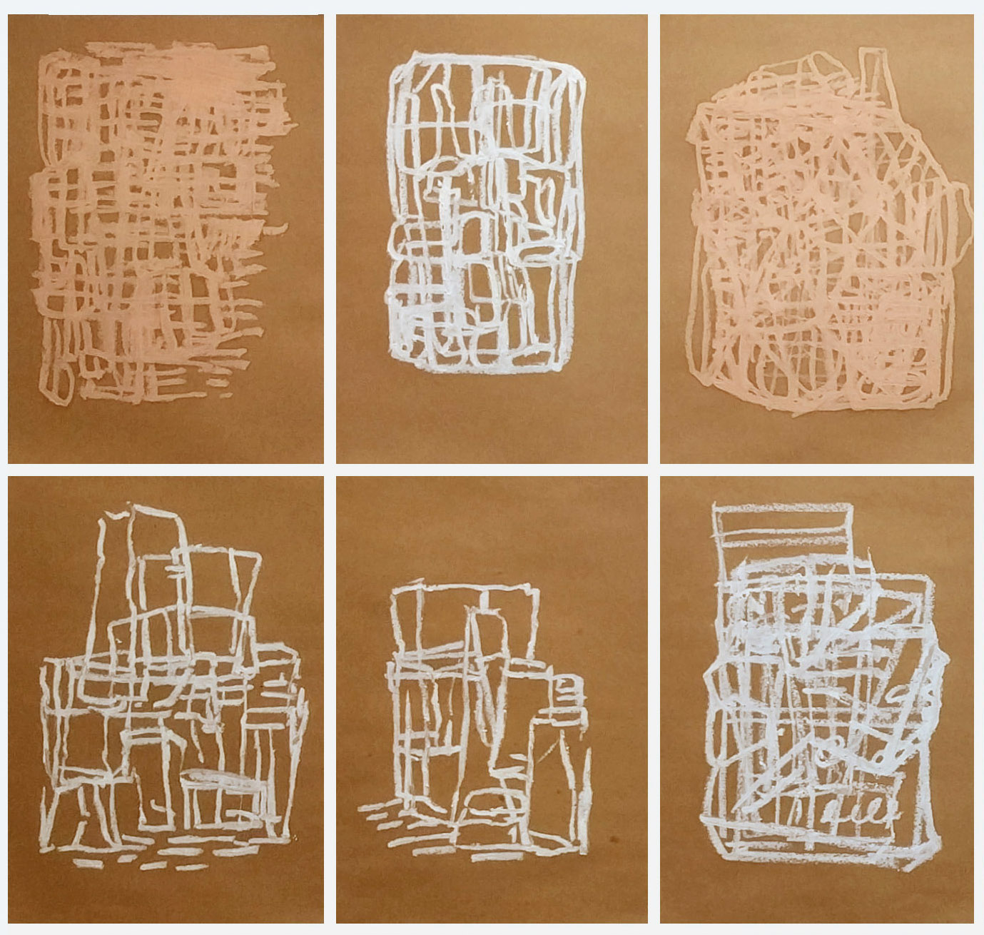 6 oil stick drawings in a 3 x 2 grid
