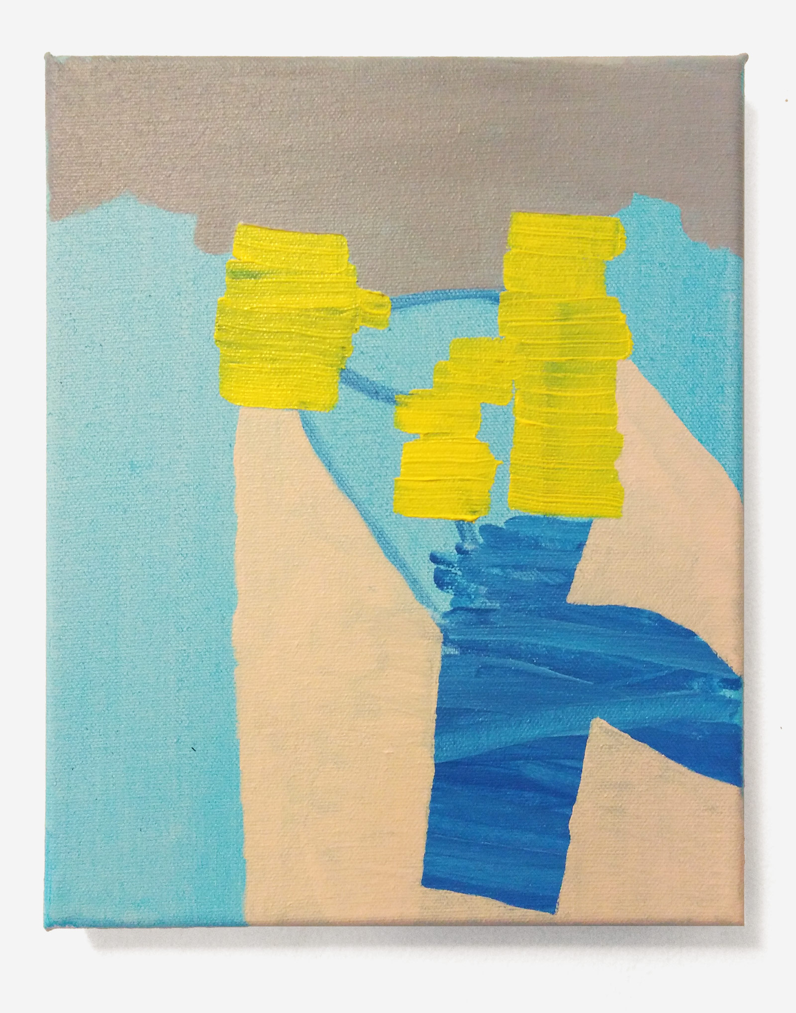 Work in progress, small canvas with abstract blue, pale orange, yellow and grey forms. Gary Peters.
