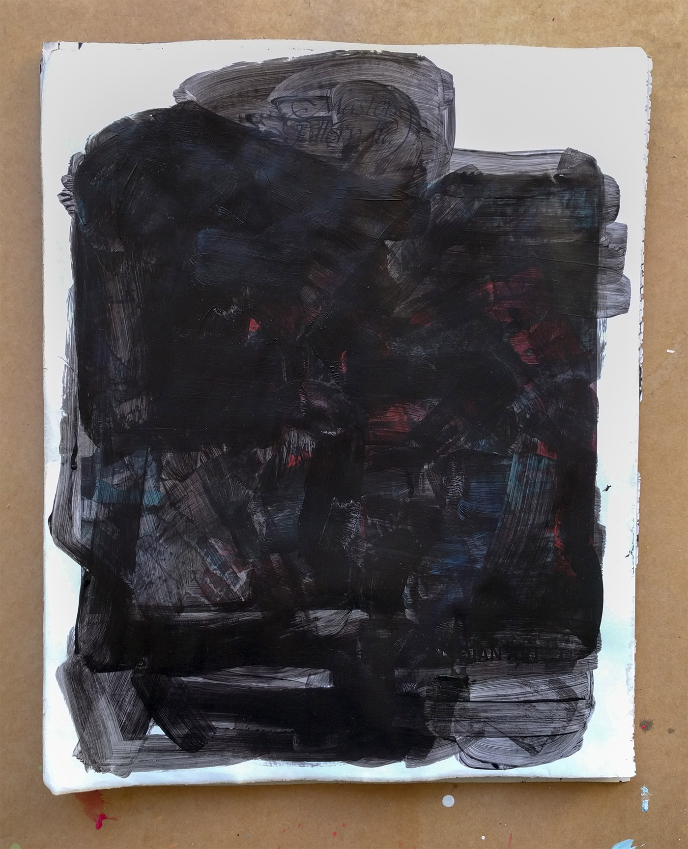 Blackout drawing - black acrylic on glossy art magazine page obscuring any images of art or people. 