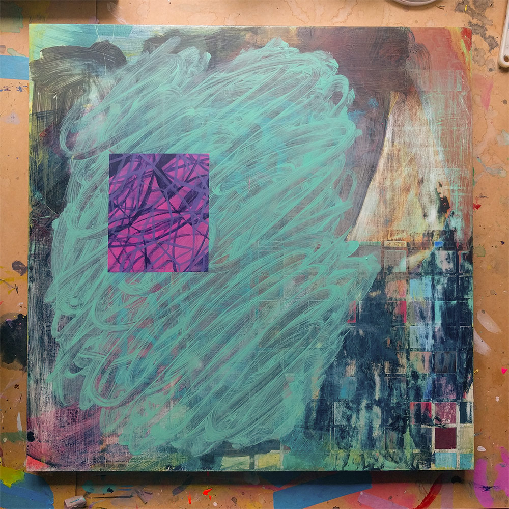 A painting – gestural green scribble with an inset pink rectangle containing inky blue scribbles. 